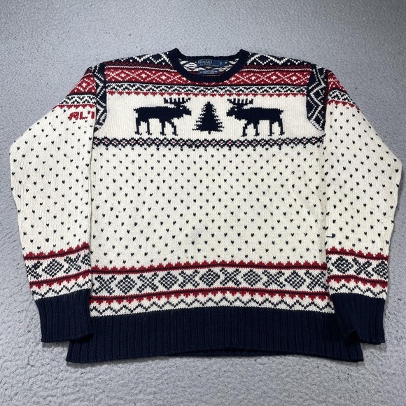 Polo Ralph Lauren Other - Polo Ralph Lauren Sweater Mens Medium White Moose Fair Isle Crewneck Pullover